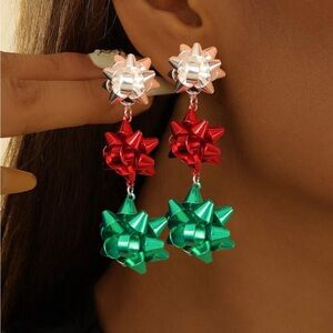 Colorful Metal Christmas Bow Design Long Dangle Earrings Classic Style
